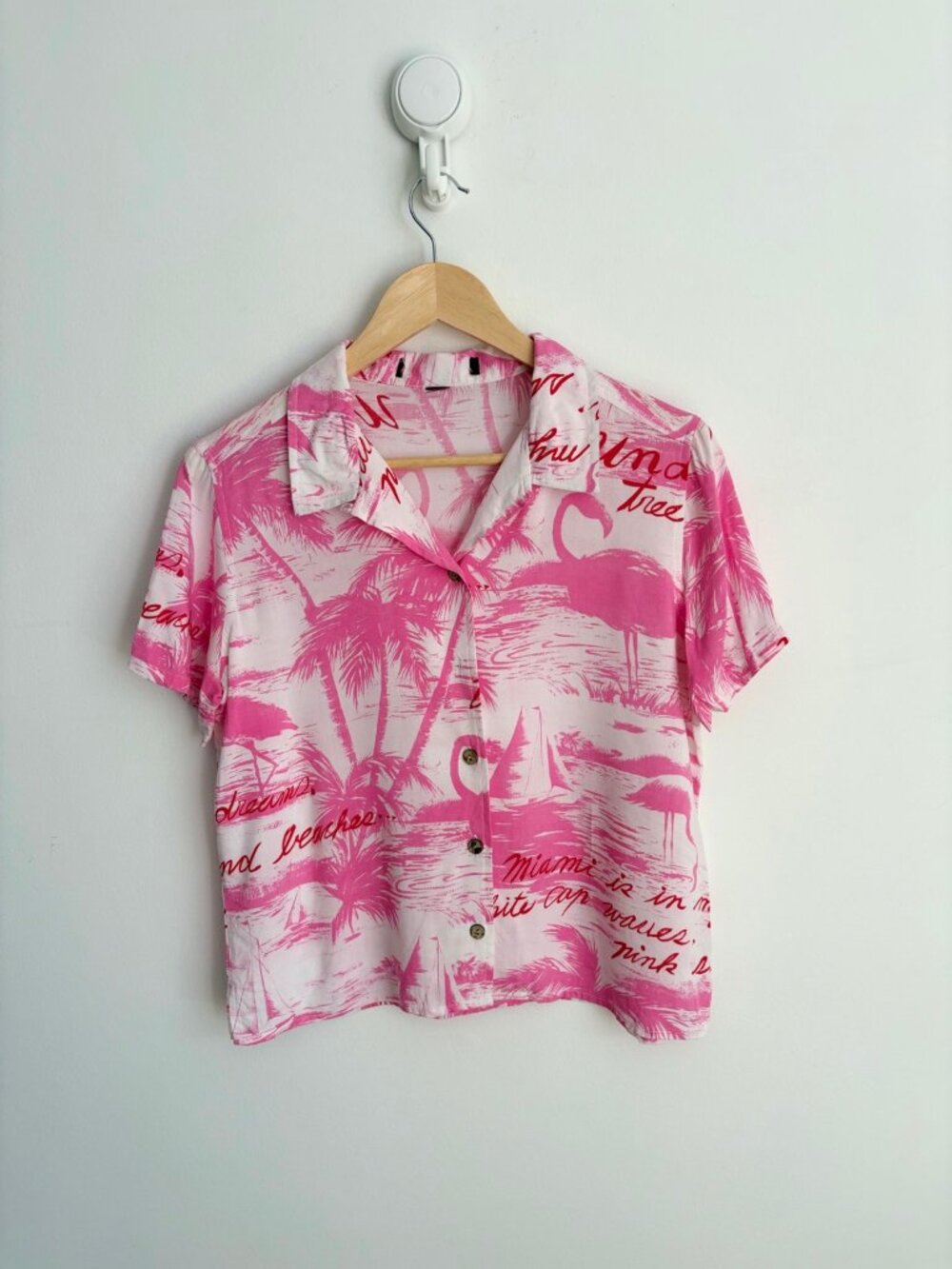 Miami Pink Flamingo Palm Print Short Sleeve Shirt M